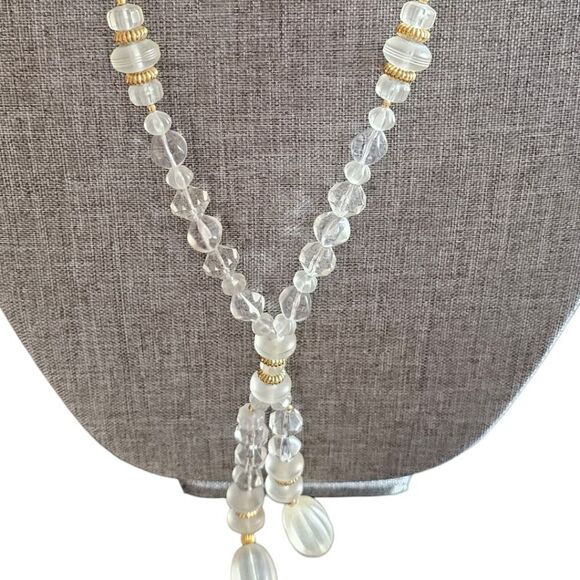 Vintage Lariat Clear and Golden Tone Frosted Lucite Beaded Necklace - Picture 1 of 9